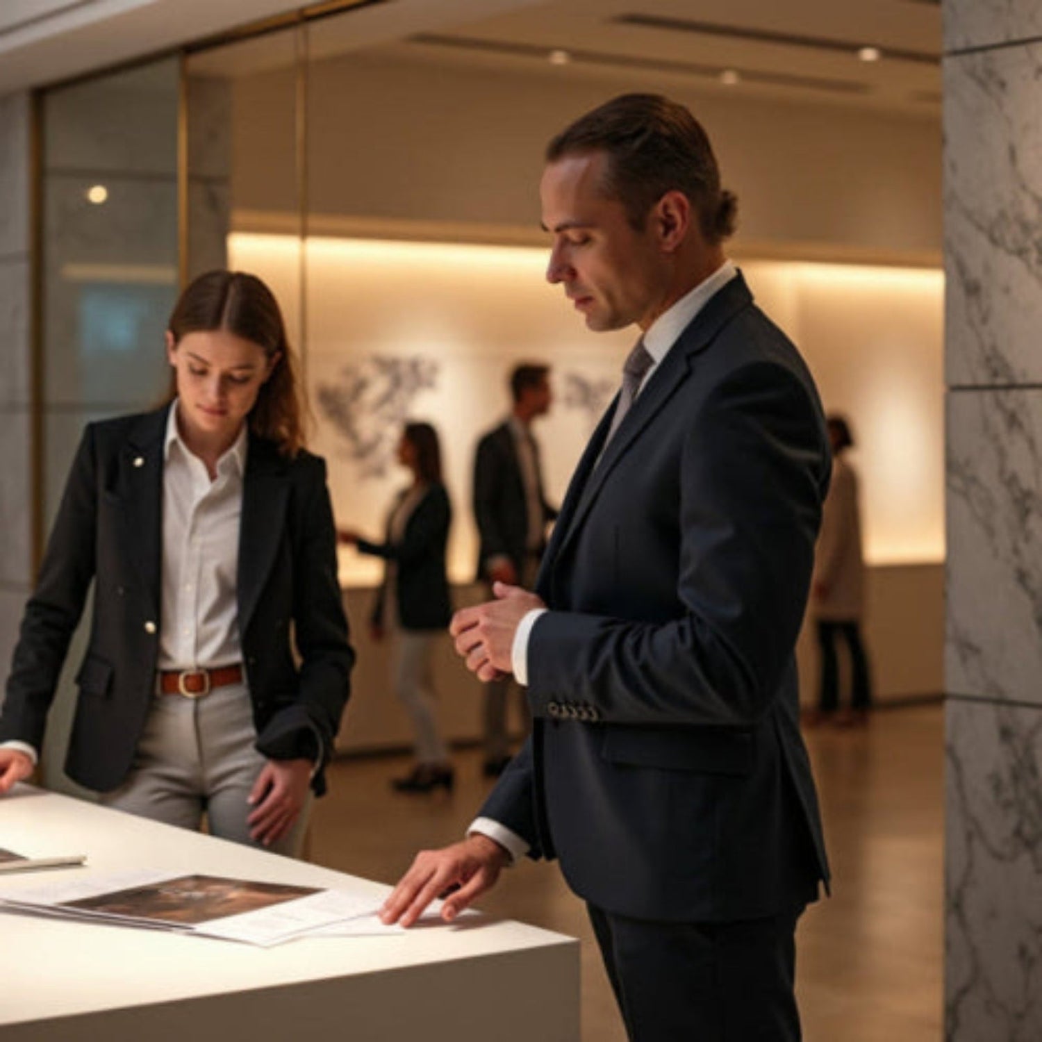 Two professionals in a modern office setting reviewing documents.